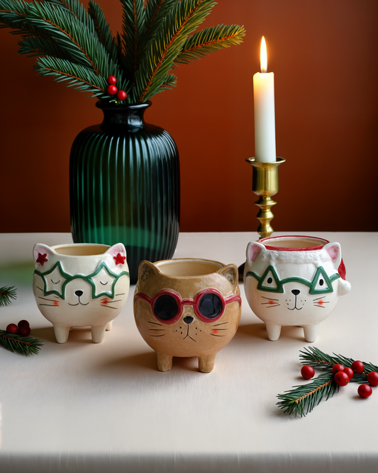 Winter Whimsy Cat Planters Set